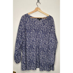 Ellos Tunic Plus Size 1X Blue & White Tribal Print 3/4 Sleeve Blouse